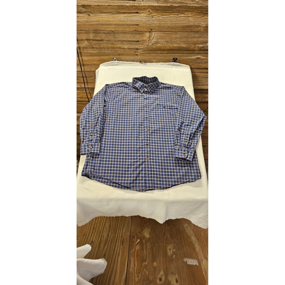 Orvis Mens Blue Tan Plaid Long Sleeve Button Down Shirt Large Pocket Classic
